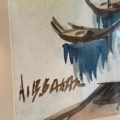 Signed Watercolor Painting of Ships in Harbor