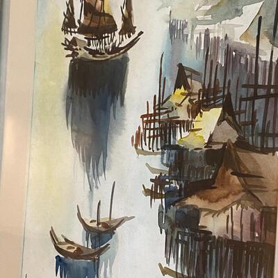 Signed Watercolor Painting of Ships in Harbor