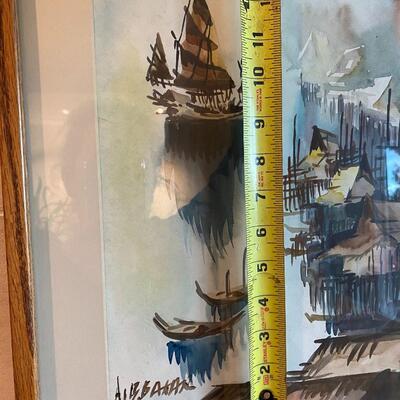 Signed Watercolor Painting of Ships in Harbor