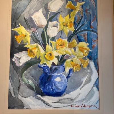Original Elizabeth Warhanik Painting of Yellow Daffodils and White Tulips in Blue Pitcher Vase