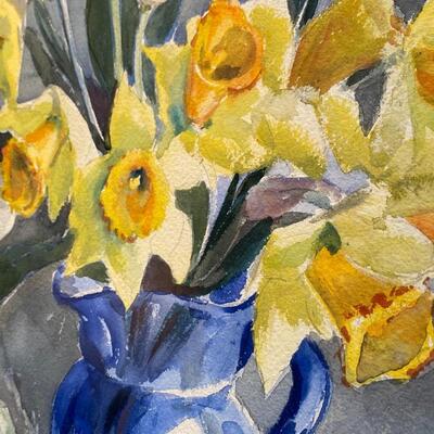 Original Elizabeth Warhanik Painting of Yellow Daffodils and White Tulips in Blue Pitcher Vase
