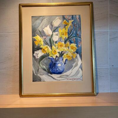 Original Elizabeth Warhanik Painting of Yellow Daffodils and White Tulips in Blue Pitcher Vase