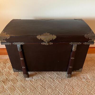 Antique Asian Dark Wood and Silver Tone Metal Detail Trunk
