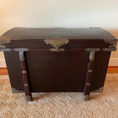 Antique Asian Dark Wood and Silver Tone Metal Detail Trunk