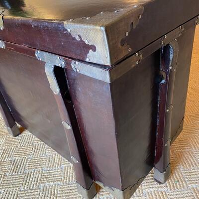 Antique Asian Dark Wood and Silver Tone Metal Detail Trunk