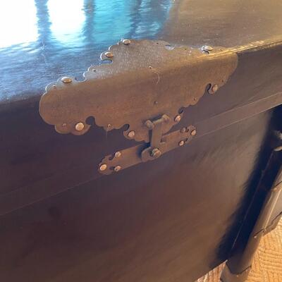 Antique Asian Dark Wood and Silver Tone Metal Detail Trunk