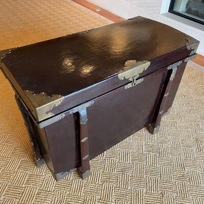 Antique Asian Dark Wood and Silver Tone Metal Detail Trunk