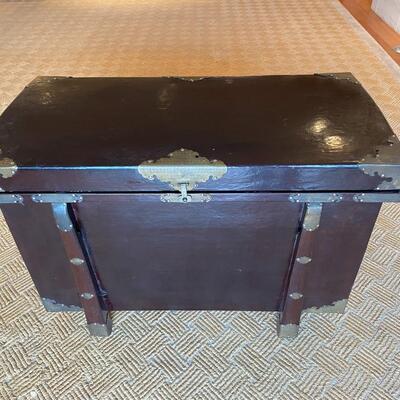 Antique Asian Dark Wood and Silver Tone Metal Detail Trunk