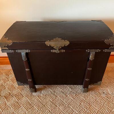 Antique Asian Dark Wood and Silver Tone Metal Detail Trunk