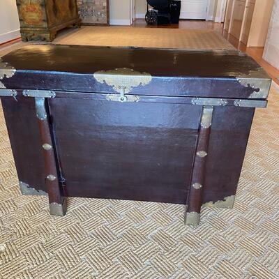 Antique Asian Dark Wood and Silver Tone Metal Detail Trunk