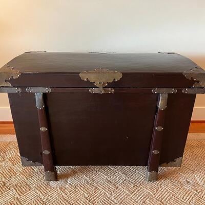 Antique Asian Dark Wood and Silver Tone Metal Detail Trunk