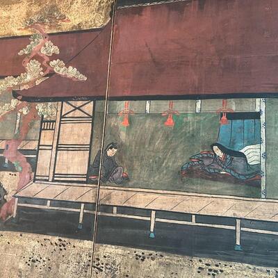 Large Antique Japanese 6 Panel Framed Hand Painted Scroll