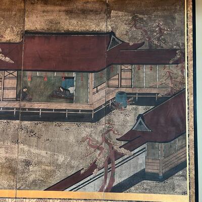 Large Antique Japanese 6 Panel Framed Hand Painted Scroll