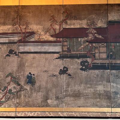 Large Antique Japanese 6 Panel Framed Hand Painted Scroll