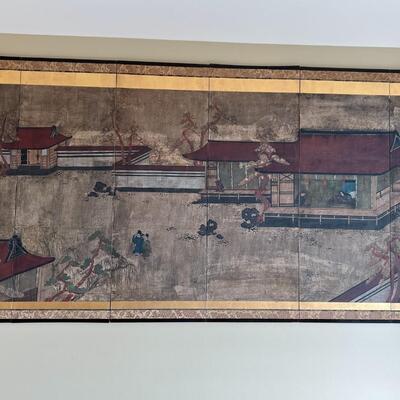 Large Antique Japanese 6 Panel Framed Hand Painted Scroll