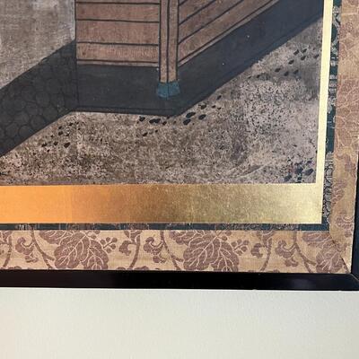 Large Antique Japanese 6 Panel Framed Hand Painted Scroll