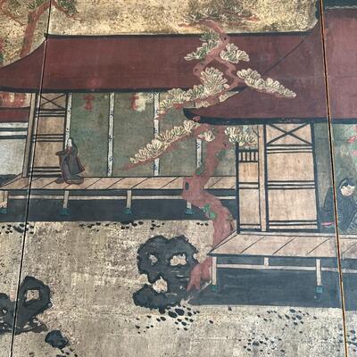 Large Antique Japanese 6 Panel Framed Hand Painted Scroll