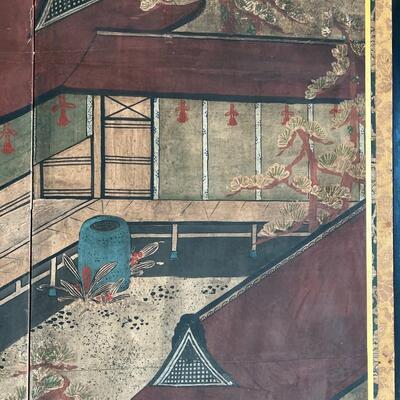Large Antique Japanese 6 Panel Framed Hand Painted Scroll