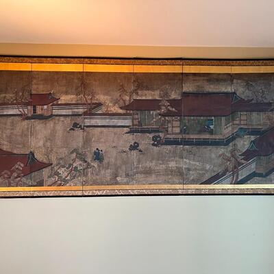 Large Antique Japanese 6 Panel Framed Hand Painted Scroll