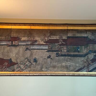 Large Antique Japanese 6 Panel Framed Hand Painted Scroll
