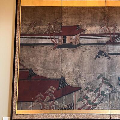 Large Antique Japanese 6 Panel Framed Hand Painted Scroll