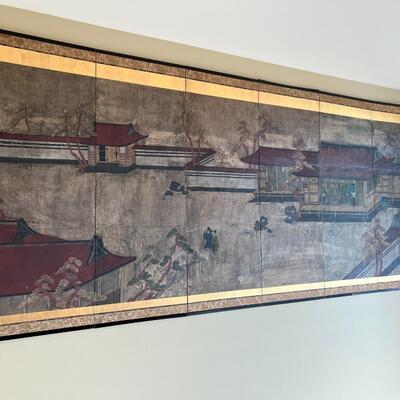 Large Antique Japanese 6 Panel Framed Hand Painted Scroll