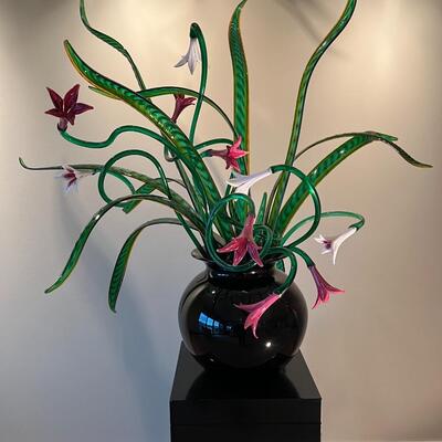 Vibrant Large Hand Blown Glass Floral Bouquet Sculpture by R & O Glass