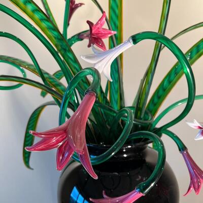 Vibrant Large Hand Blown Glass Floral Bouquet Sculpture by R & O Glass