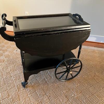 Antique Victorian Style Black Wood Expandable Bar Cart with Glass Tray