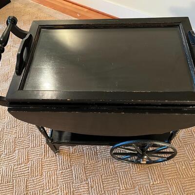 Antique Victorian Style Black Wood Expandable Bar Cart with Glass Tray