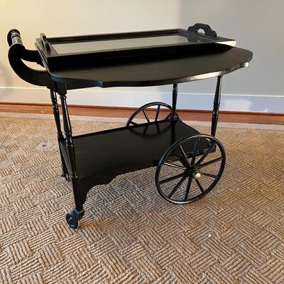 Antique Victorian Style Black Wood Expandable Bar Cart with Glass Tray