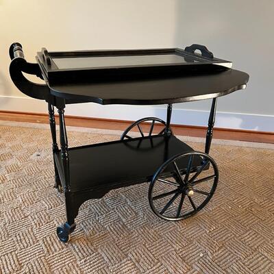 Antique Victorian Style Black Wood Expandable Bar Cart with Glass Tray