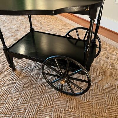 Antique Victorian Style Black Wood Expandable Bar Cart with Glass Tray