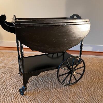 Antique Victorian Style Black Wood Expandable Bar Cart with Glass Tray