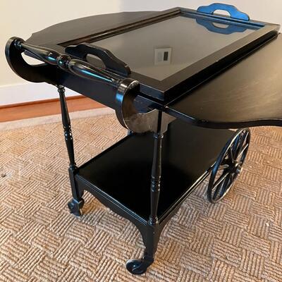 Antique Victorian Style Black Wood Expandable Bar Cart with Glass Tray