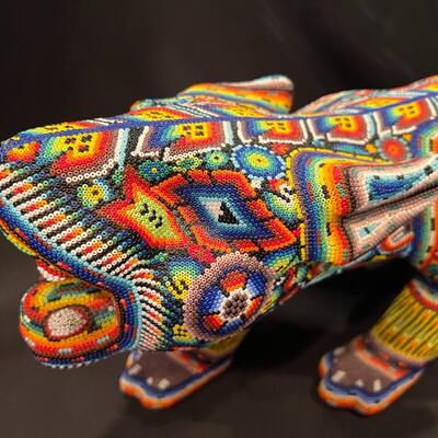 Large Huichol Multicolor Beaded Jaguar Art 34 Inches Long