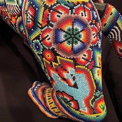 Large Huichol Multicolor Beaded Jaguar Art 34 Inches Long