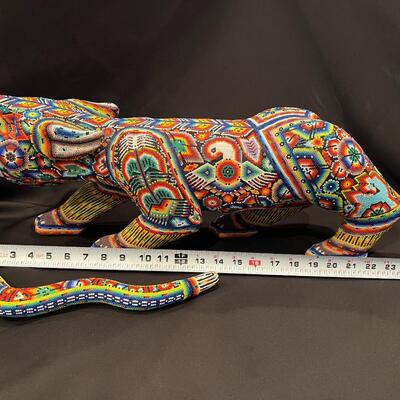 Large Huichol Multicolor Beaded Jaguar Art 34 Inches Long