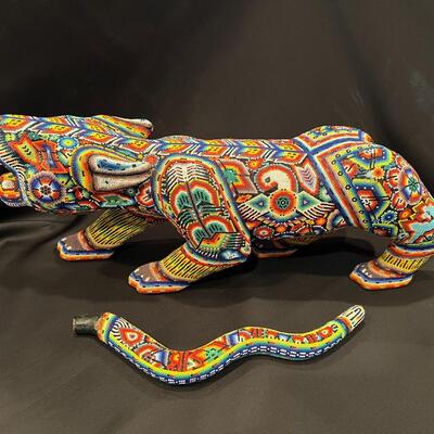 Large Huichol Multicolor Beaded Jaguar Art 34 Inches Long