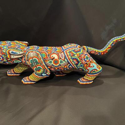 Large Huichol Multicolor Beaded Jaguar Art 34 Inches Long