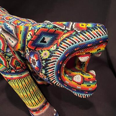 Large Huichol Multicolor Beaded Jaguar Art 34 Inches Long