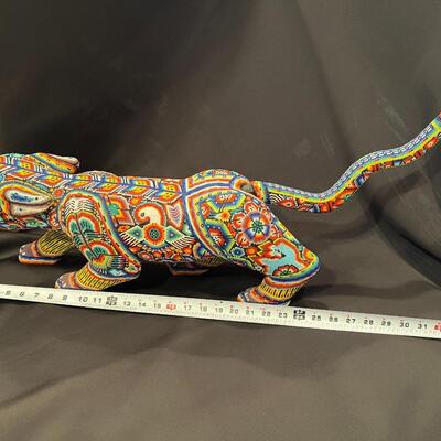 Large Huichol Multicolor Beaded Jaguar Art 34 Inches Long