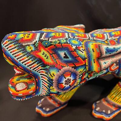 Large Huichol Multicolor Beaded Jaguar Art 34 Inches Long