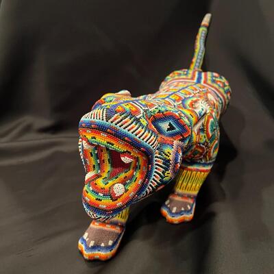 Large Huichol Multicolor Beaded Jaguar Art 34 Inches Long