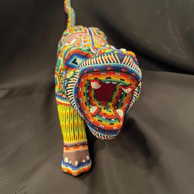 Large Huichol Multicolor Beaded Jaguar Art 34 Inches Long