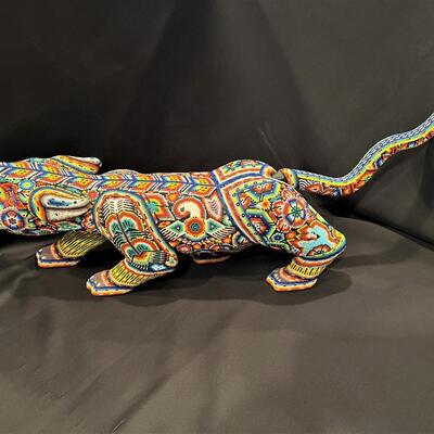 Large Huichol Multicolor Beaded Jaguar Art 34 Inches Long