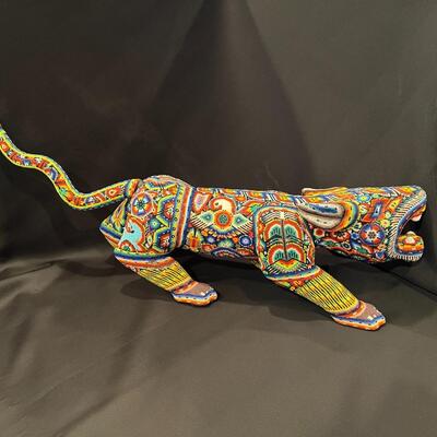 Large Huichol Multicolor Beaded Jaguar Art 34 Inches Long