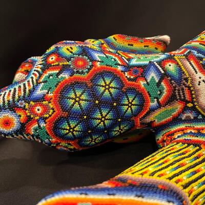 Large Huichol Multicolor Beaded Jaguar Art 34 Inches Long