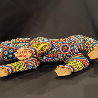 Large Huichol Multicolor Beaded Jaguar Art 34 Inches Long