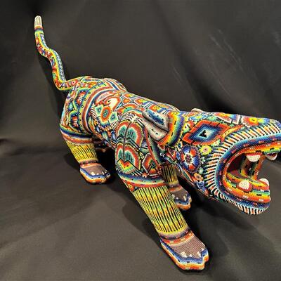 Large Huichol Multicolor Beaded Jaguar Art 34 Inches Long